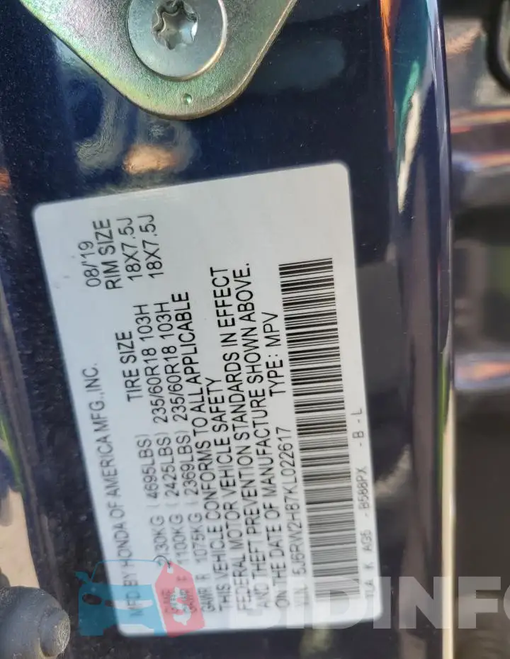 5J6RW2H87KL022617 Photo# 13