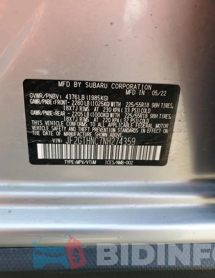 JF2GTHNC7NH274359 Photo# 13