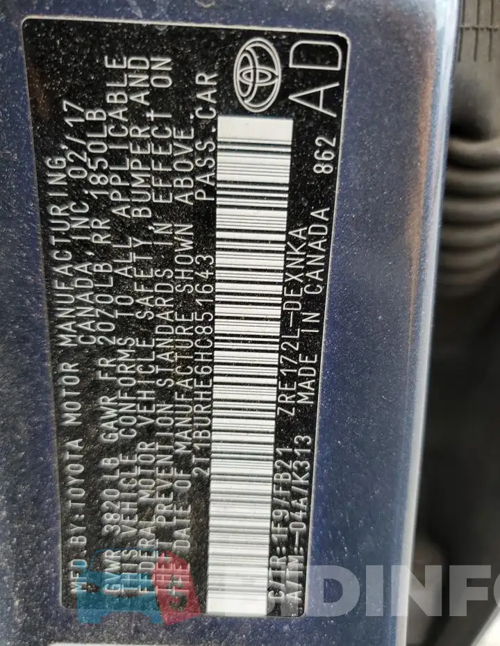 2T1BURHE6HC851643 Photo# 13