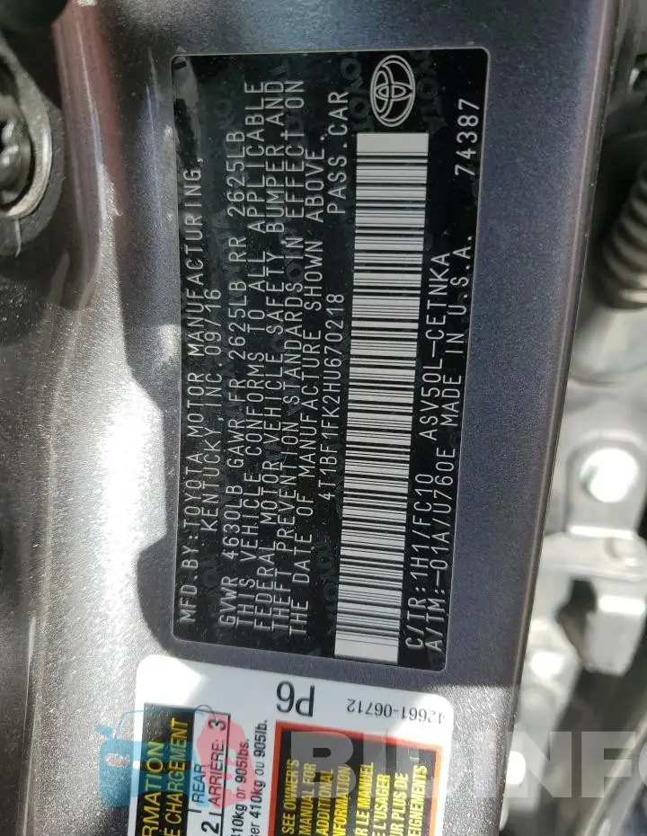 4T1BF1FK2HU670218 Photo# 12