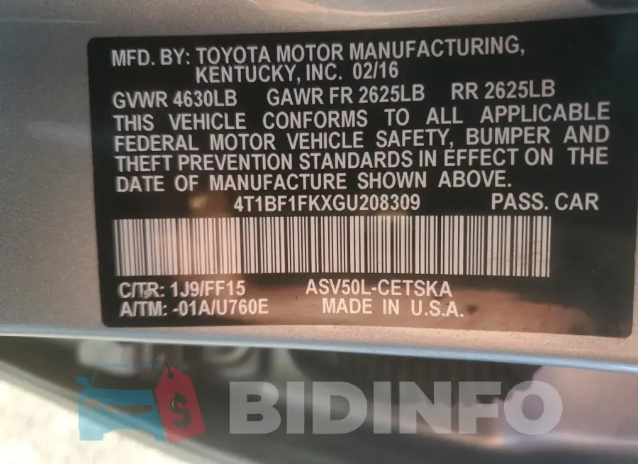 4T1BF1FKXGU208309 Photo# 12