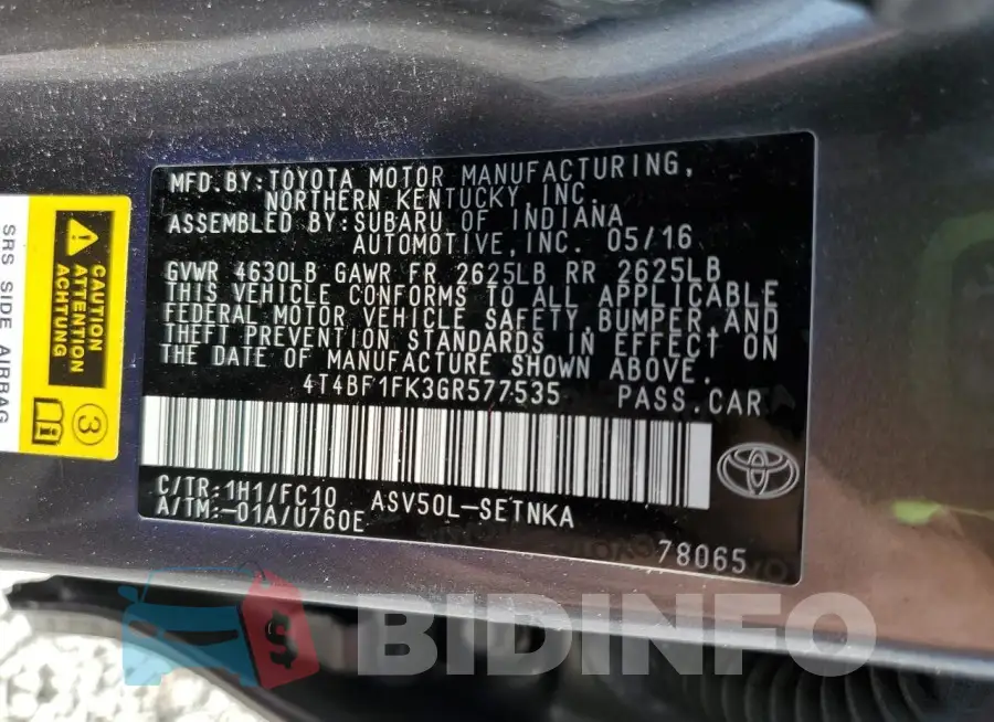4T4BF1FK3GR577535 Photo# 12