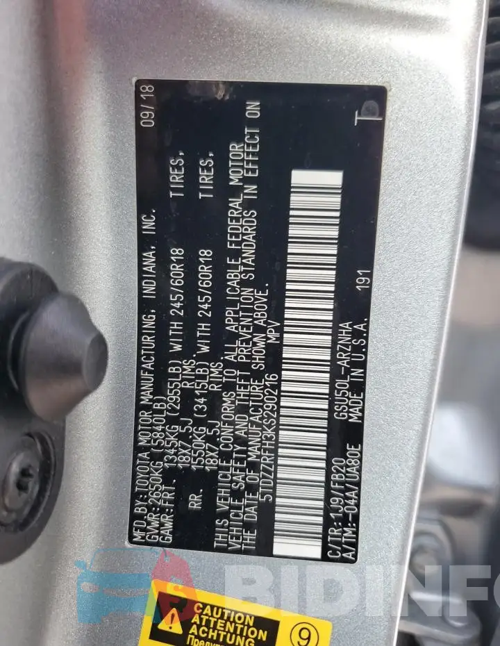 5TDZZRFH3KS290216 Photo# 13