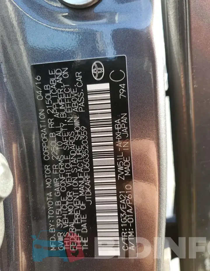 JTDKARFU6G3520359 Photo# 12