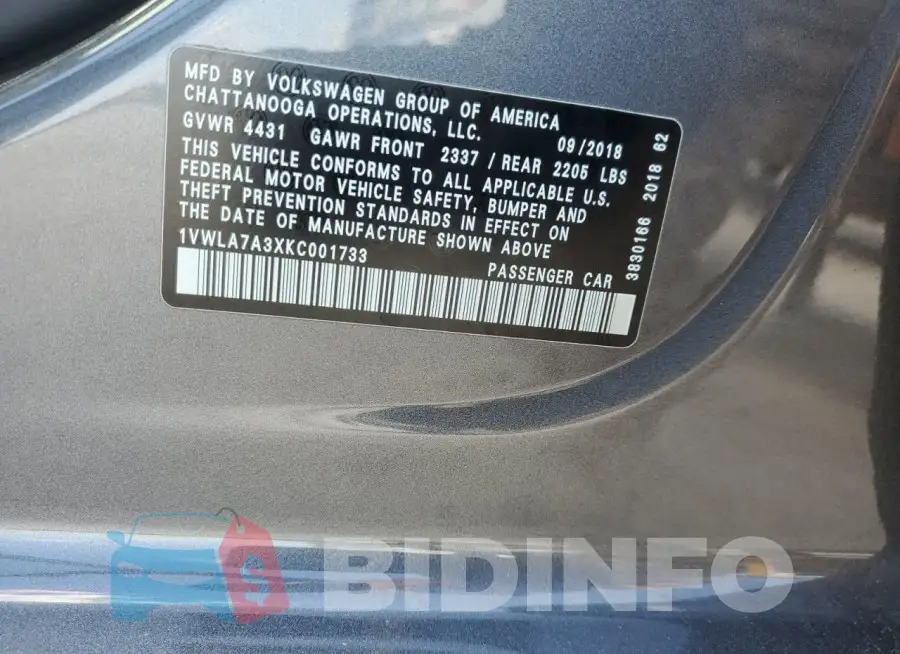 1VWLA7A3XKC001733 Photo# 12