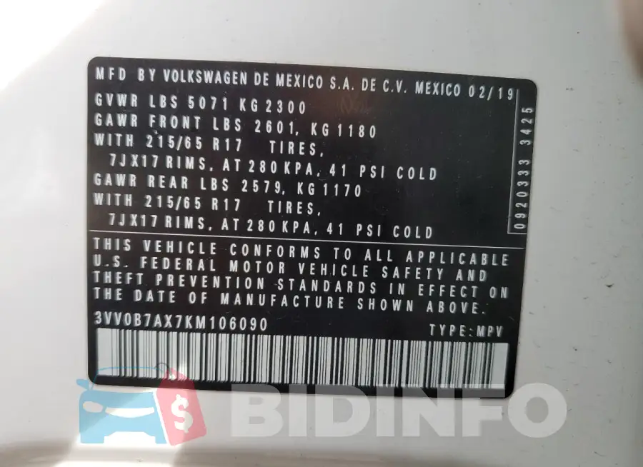 3VV0B7AX7KM106090 Photo# 13