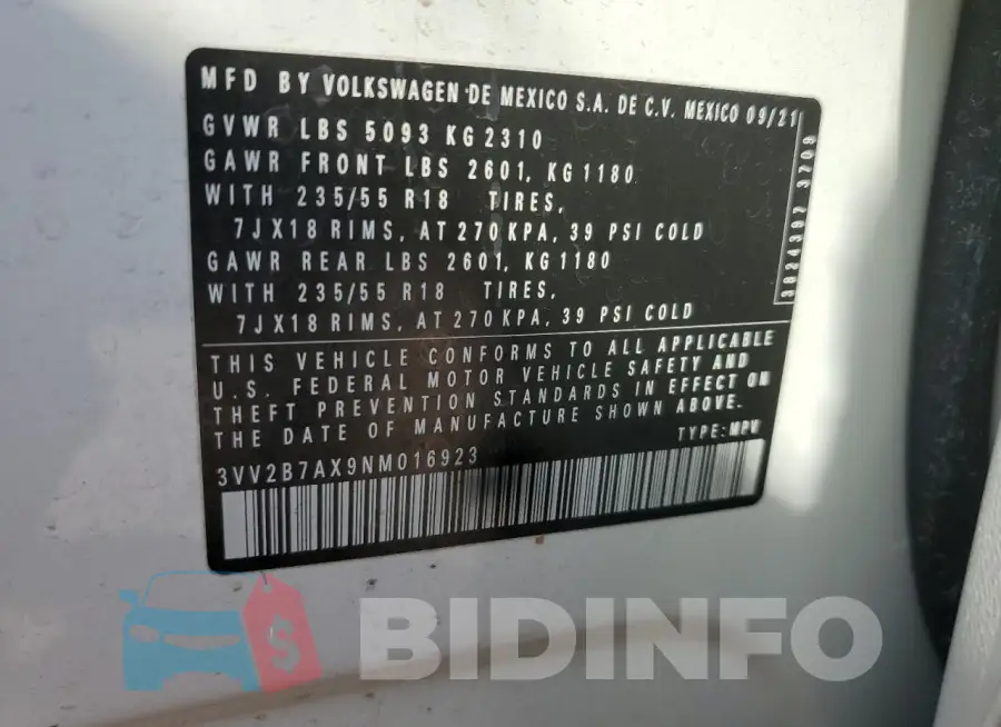 3VV2B7AX9NM016923 Photo# 14