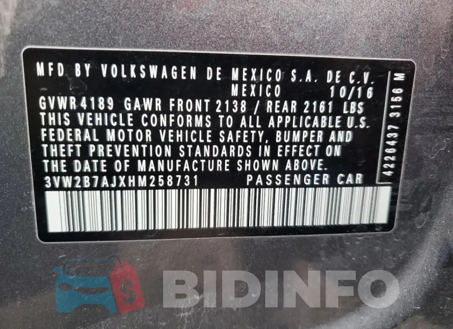 3VW2B7AJXHM258731 Photo# 12