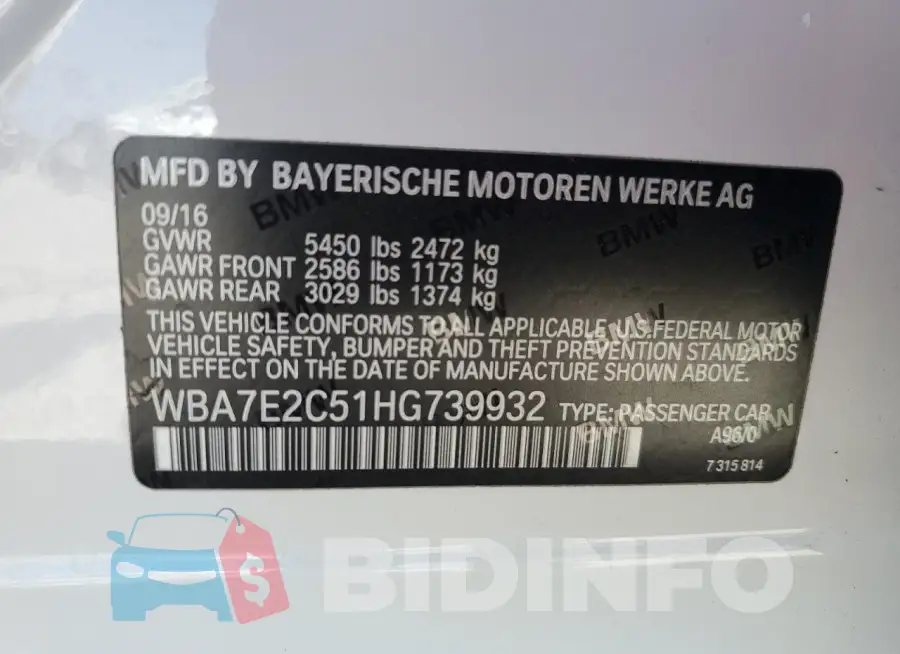 WBA7E2C51HG739932 Photo# 12