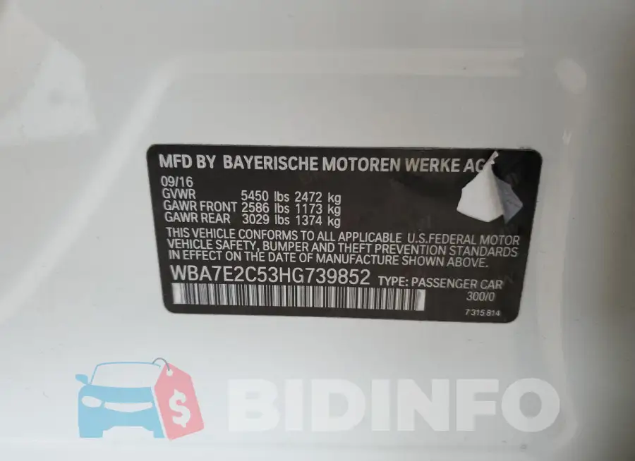 WBA7E2C53HG739852 Photo# 13