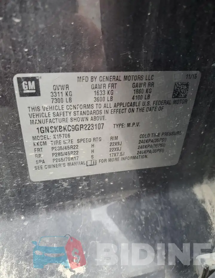1GNSKBKC9GR223107 Photo# 13