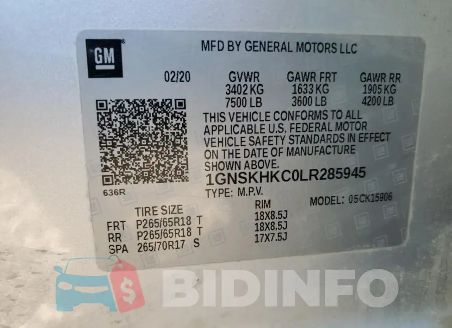 1GNSKHKC0LR285945 Photo# 13