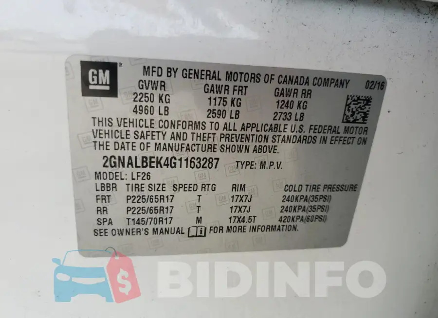 2GNALBEK4G1163287 Photo# 13 2GNALBEK4G1163287 Photo# 13