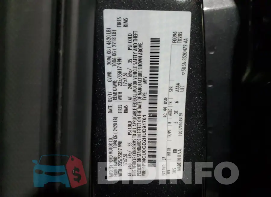 1FMCU0GD2HUD91761 Photo# 13