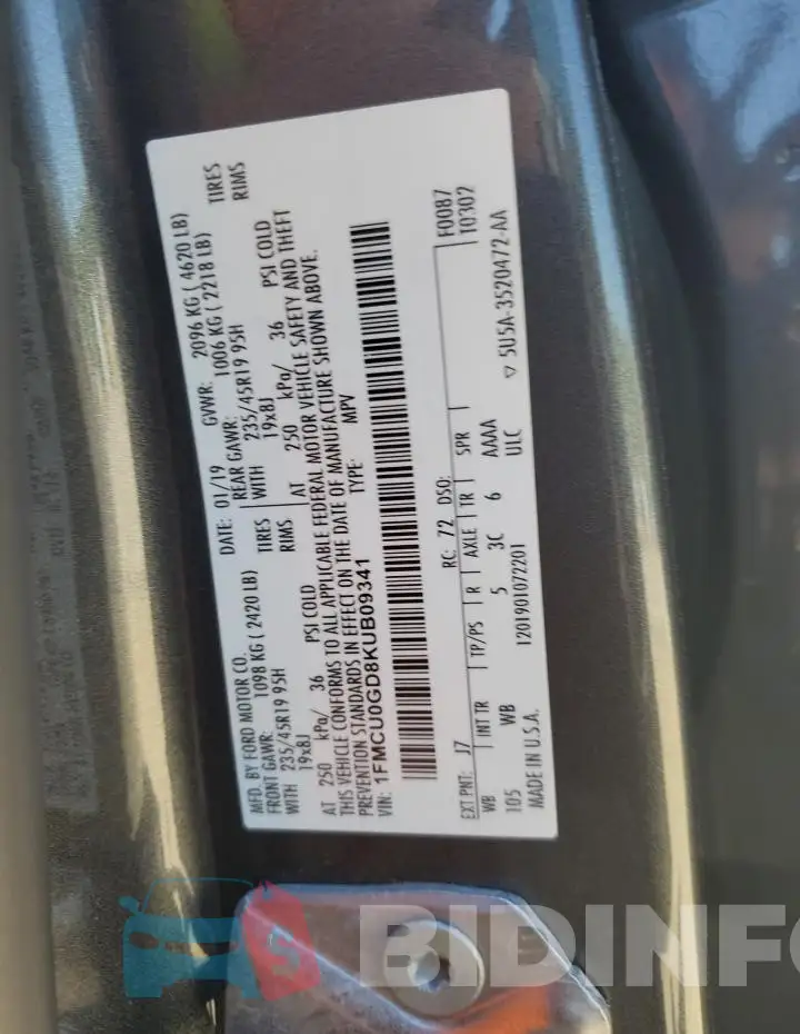 1FMCU0GD8KUB09341 Photo# 12
