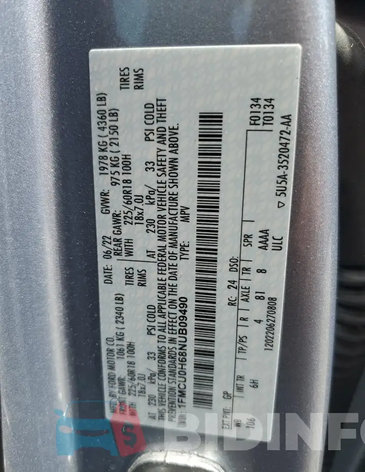 1FMCU0H68NUB09490 Photo# 14