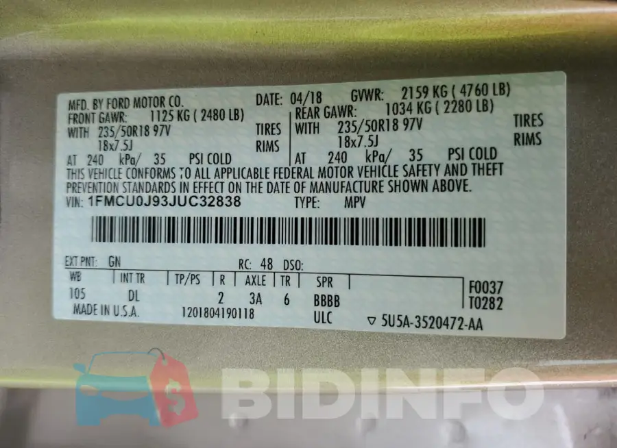 1FMCU0J93JUC32838 Photo# 13