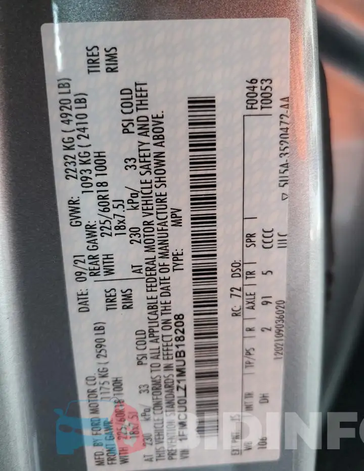 1FMCU0LZ1MUB18208 Photo# 13