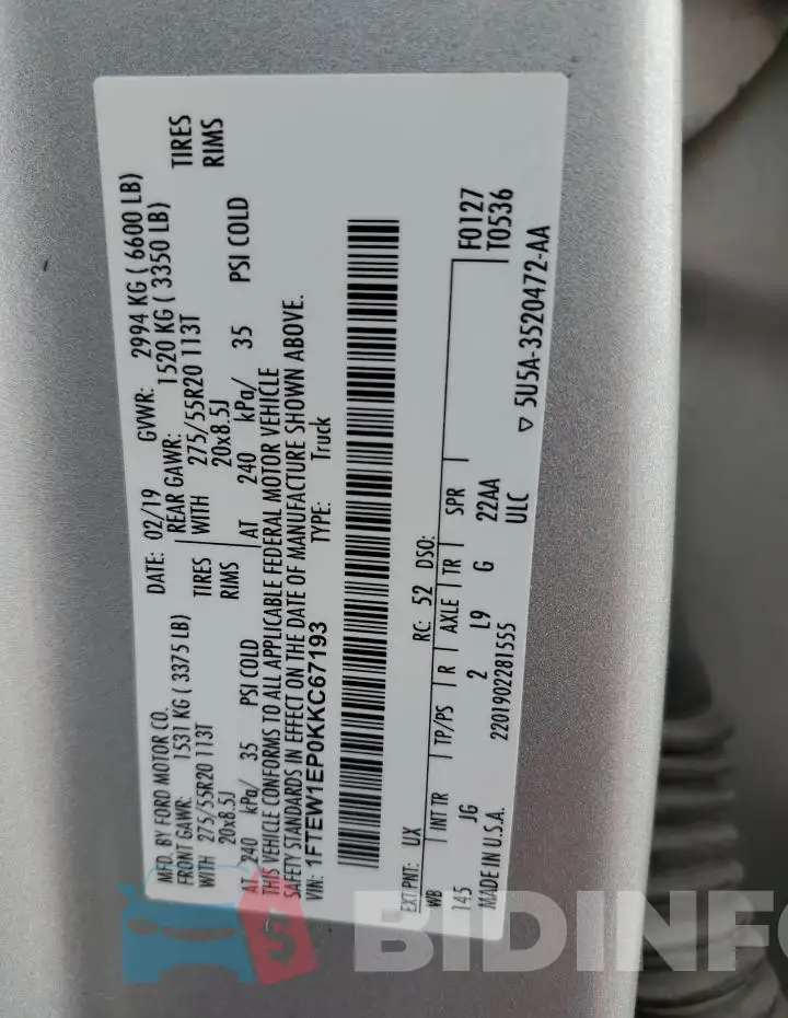 1FTEW1EP0KKC67193 Photo# 12