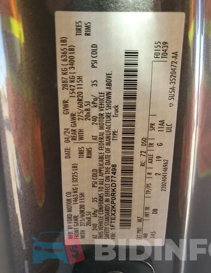 1FTEX2KP0RKD77498 Photo# 12