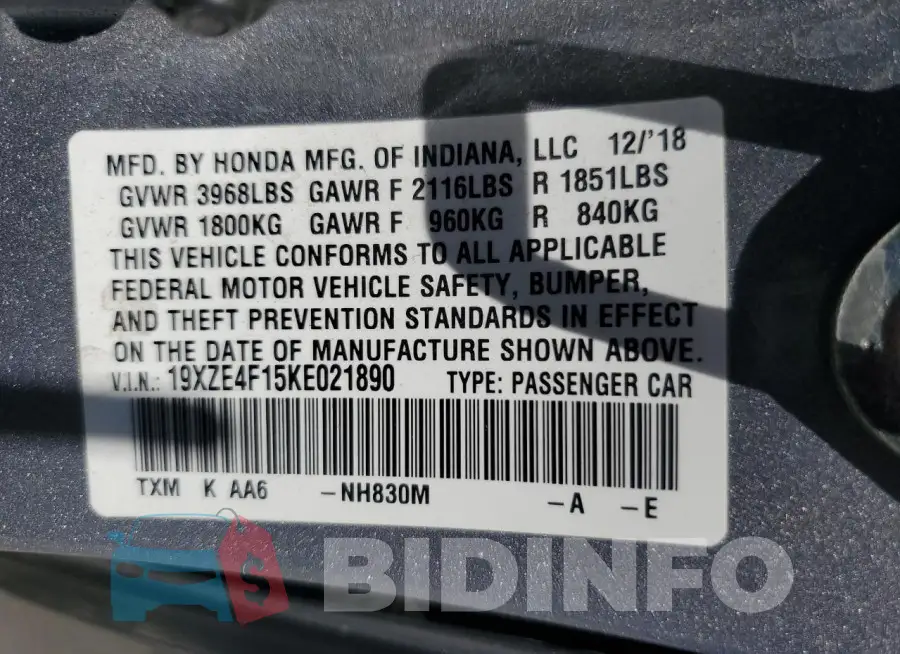 19XZE4F15KE021890 Photo# 12