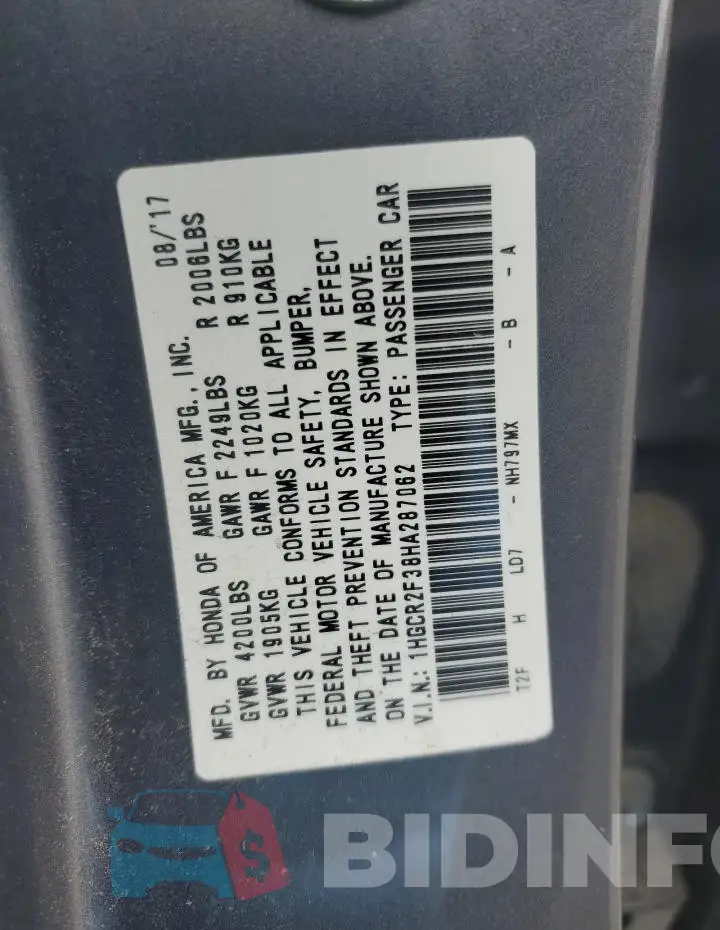 1HGCR2F38HA287062 Photo# 12