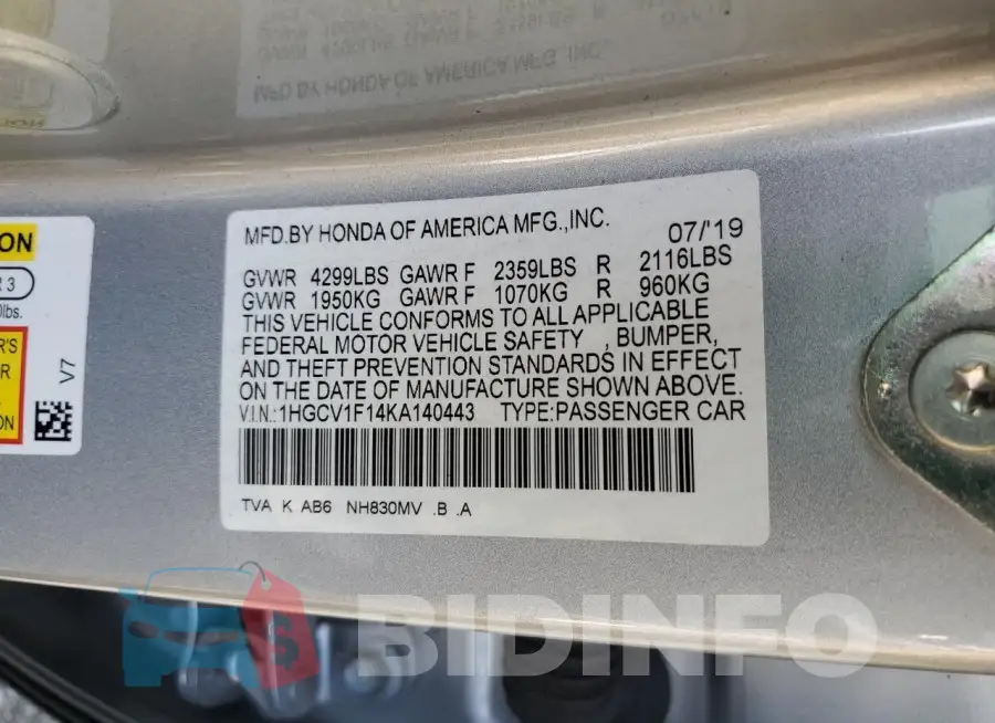 1HGCV1F14KA140443 Photo# 13