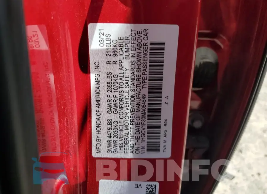1HGCV1F30MA054549 Photo# 13