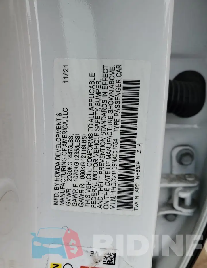1HGCV1F39NA001754 Photo# 12