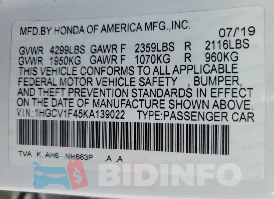 1HGCV1F45KA139022 Photo# 12