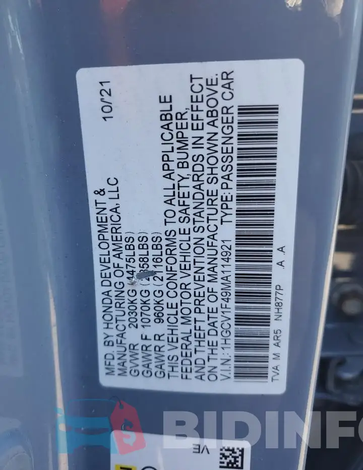 1HGCV1F49MA114921 Photo# 12
