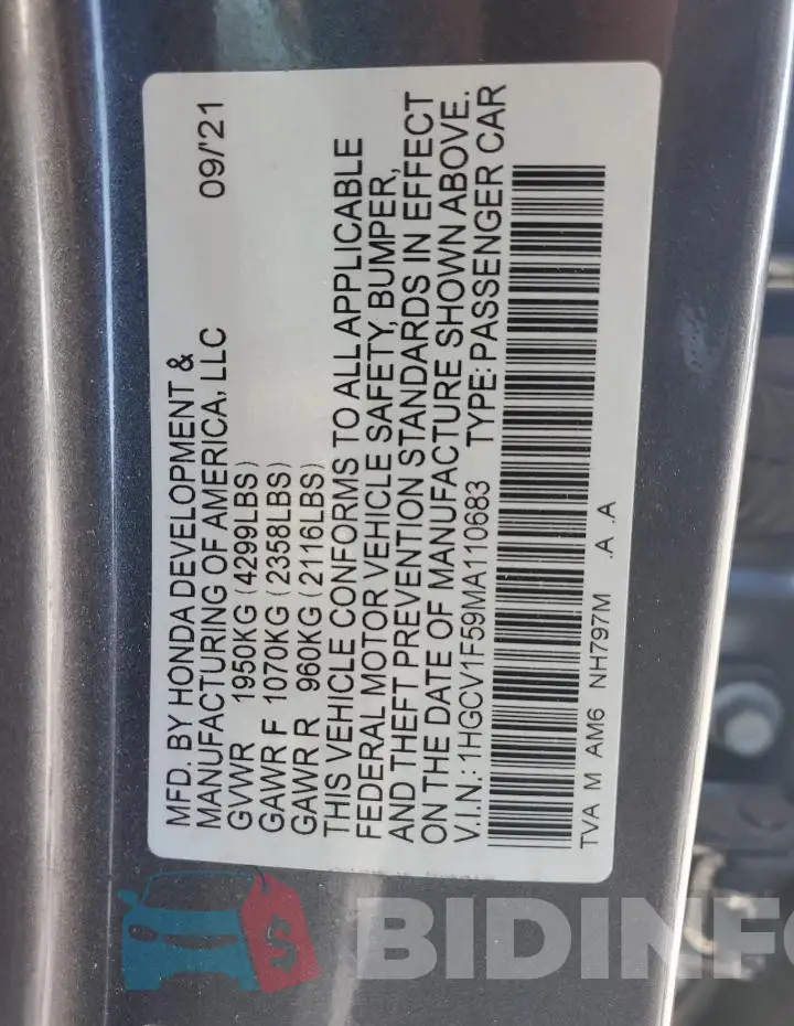 1HGCV1F59MA110683 Photo# 12