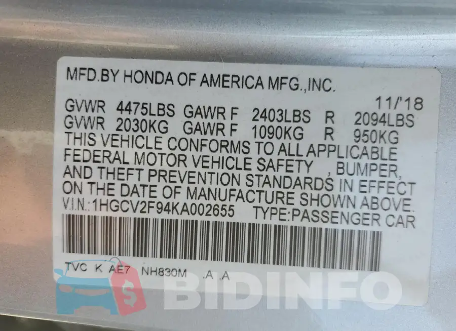 1HGCV2F94KA002655 Photo# 12