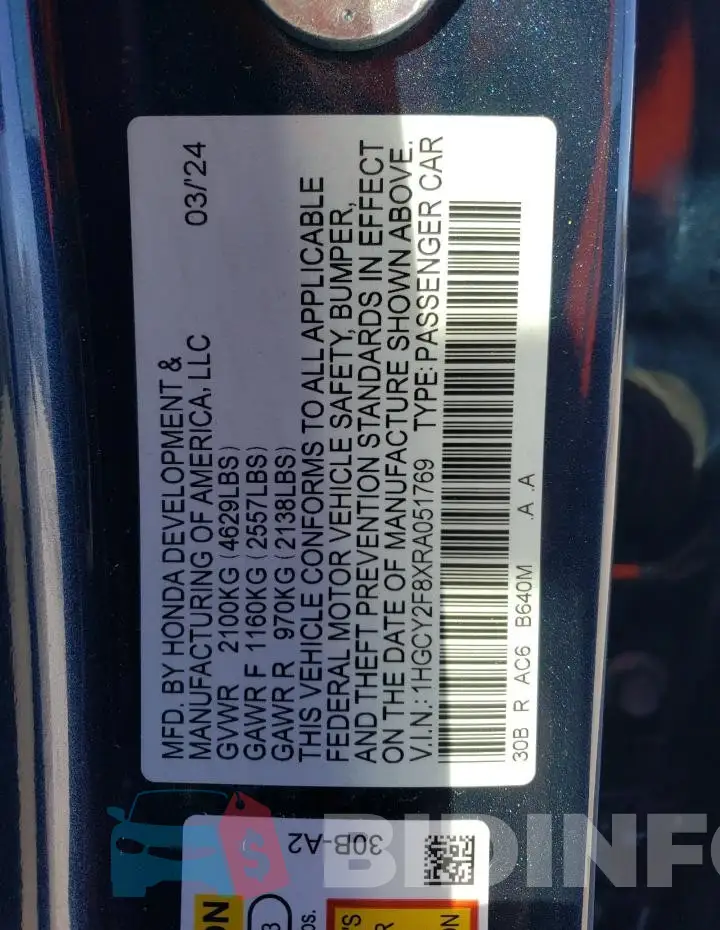 1HGCY2F8XRA051769 Photo# 12