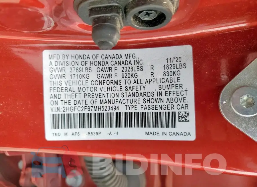 2HGFC2F67MH523494 Photo# 13