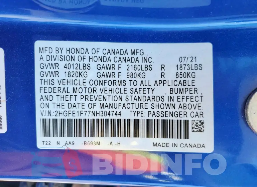 2HGFE1F77NH304744 Photo# 12