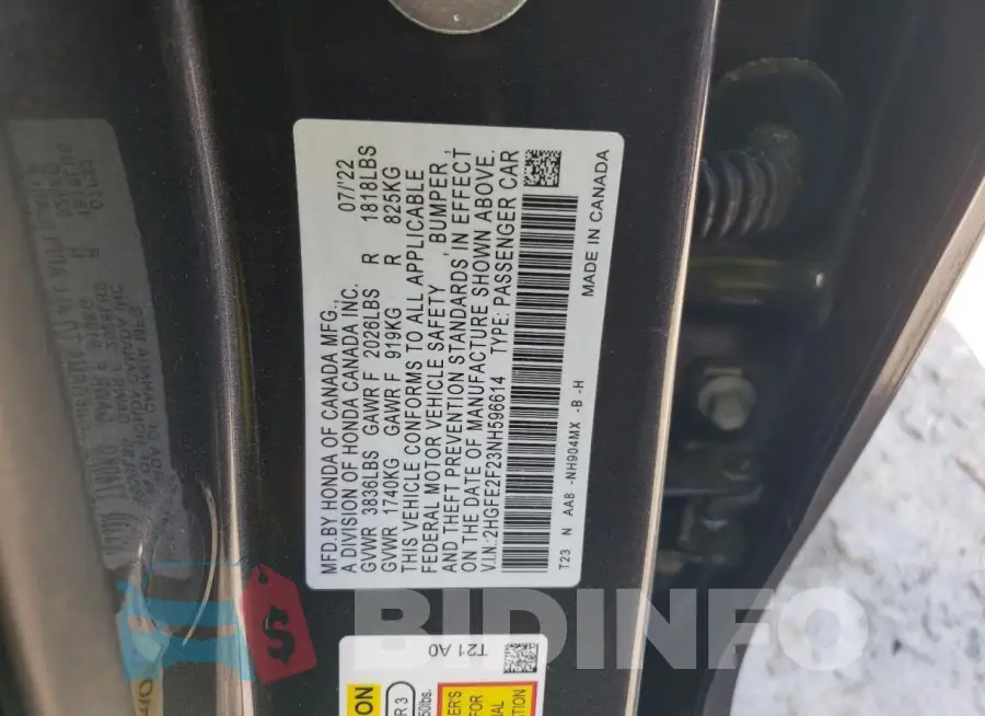 2HGFE2F23NH596614 Photo# 13