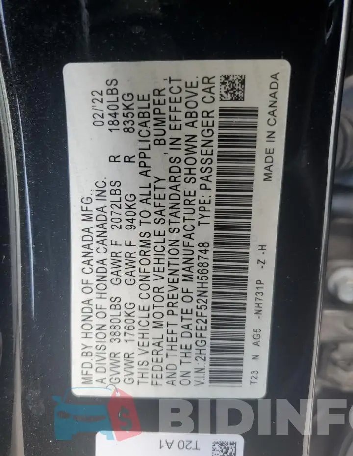 2HGFE2F52NH568748 Photo# 12