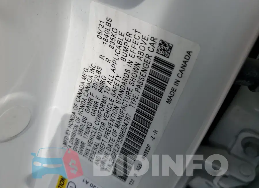 2HGFE2F55NH504767 Photo# 12
