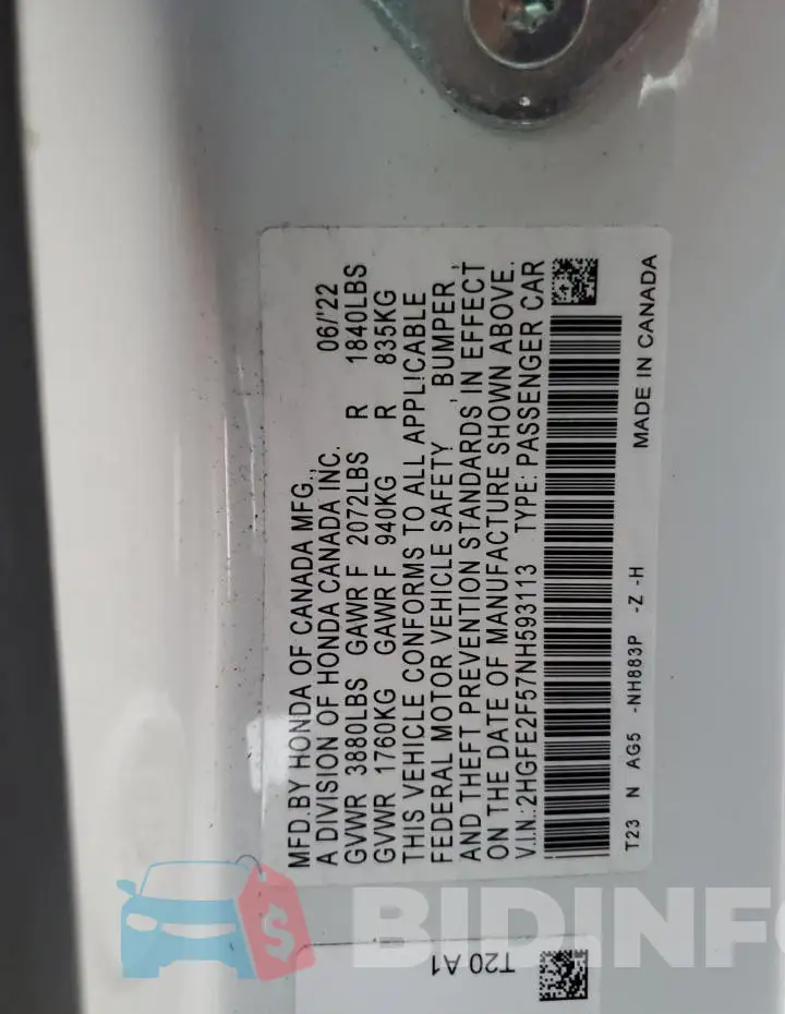 2HGFE2F57NH593113 Photo# 13