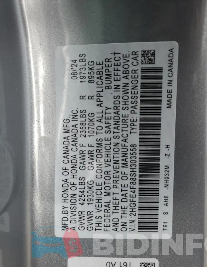 2HGFE4F88SH303558 Photo# 12