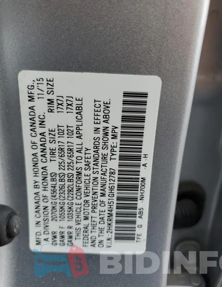 2HKRM4H51GH612787 Photo# 13