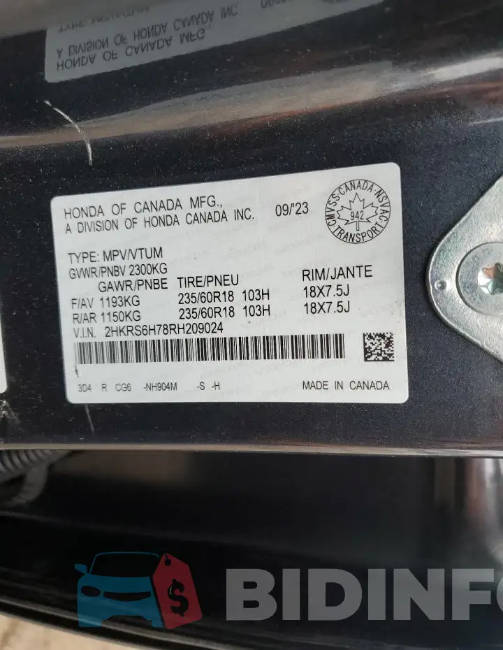 2HKRS6H78RH209024 Photo# 14