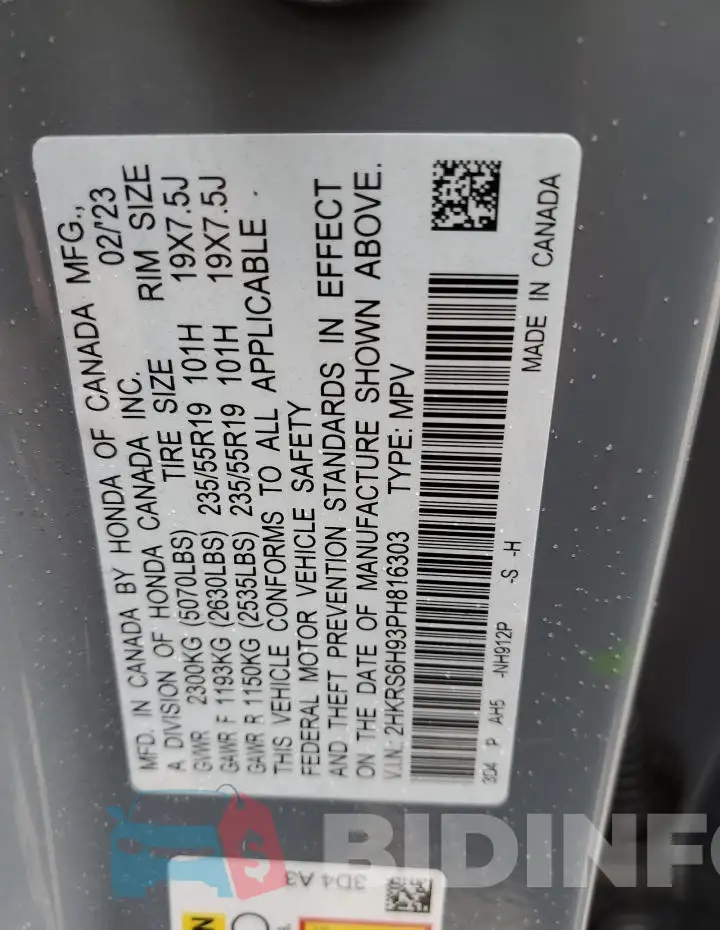 2HKRS6H93PH816303 Photo# 14