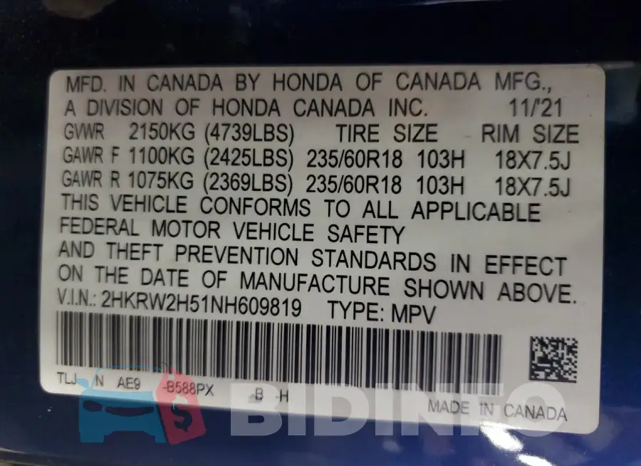 2HKRW2H51NH609819 Photo# 14
