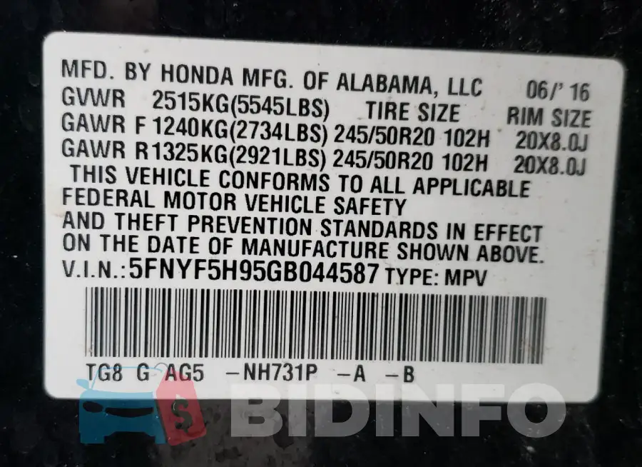 5FNYF5H95GB044587 Photo# 14