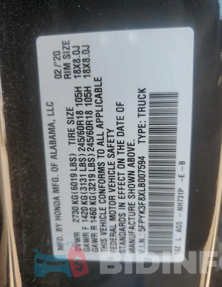 5FPYK3F8XLB007594 Photo# 13