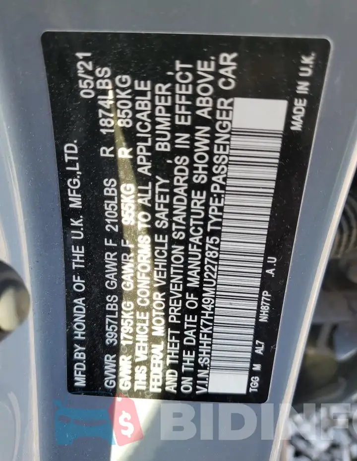 SHHFK7H49MU227875 Photo# 13