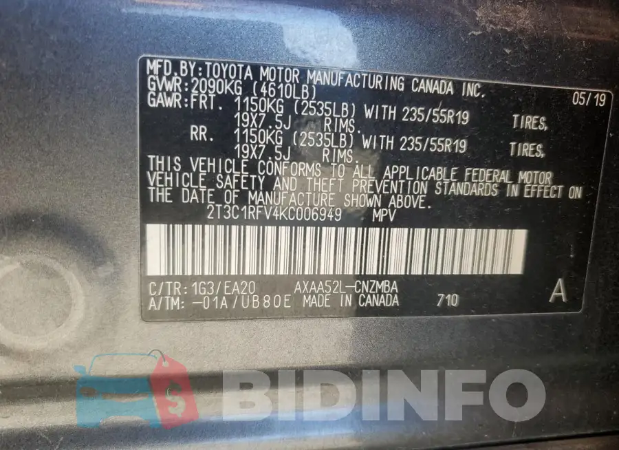 2T3C1RFV4KC006949 Photo# 13