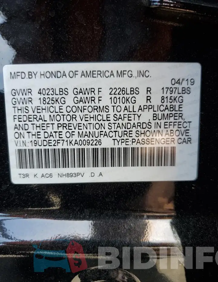 19UDE2F71KA009226 Photo# 12